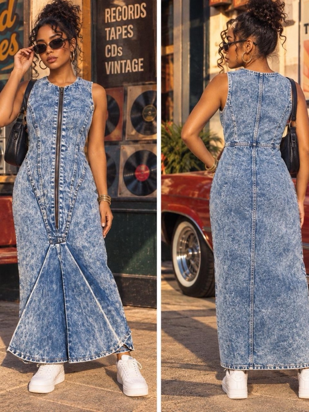 Sleeveless Blue Acid-Wash Denim Maxi Dress with Front Zip